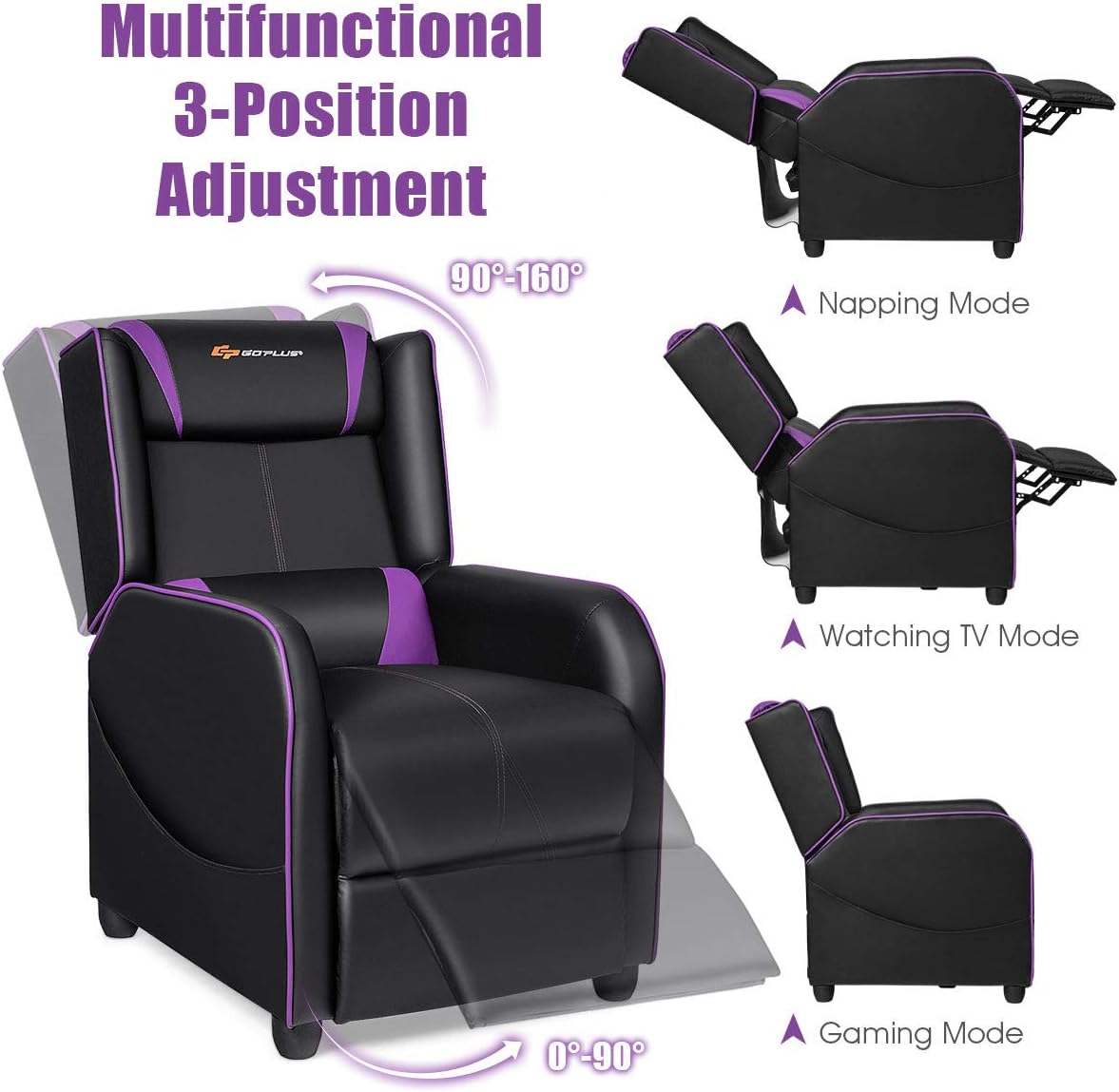 POWERSTONE Gaming Recliner Chair, Reclining Gaming Chairs for Adults Ergonomic Leather Sofa with Footrest Lumbar Support Headrest and Side Pouch for Living Room Home Theater, Purple
