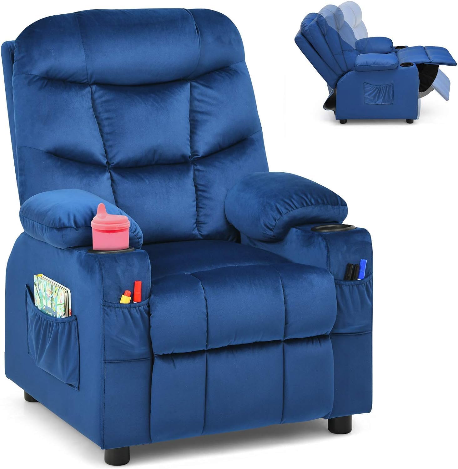 HOMGX Children's Recliner Chair, Velvet Material, Leisure Lounge Chair w/Side Pockets and Footrests, Ergonomically Adjustable Sofa Furniture, Suitable for Living Room (Blue)