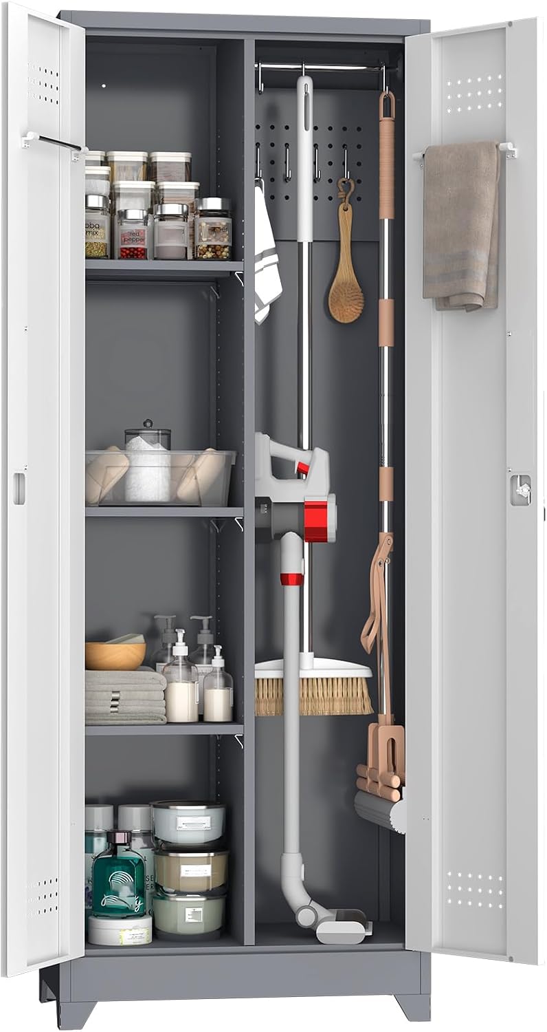 Metal Storage Cabinet with Lockable Doors, 65' Steel Utility Cabinet for Garage & Home Office, Tall Broom Closet with Adjustable Shelves, Vents & Cable Hole for Tools, White/Grey