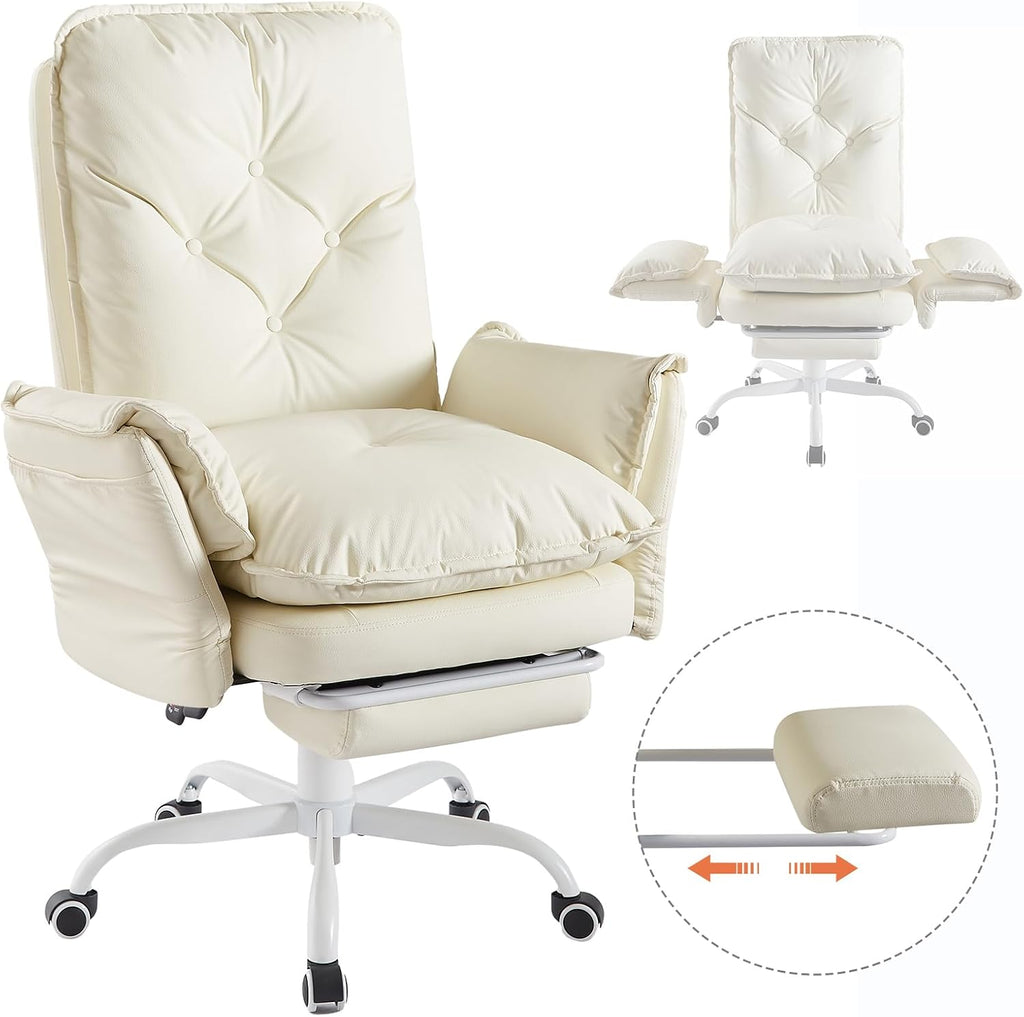 Bestier Cross Legged Office Chair with Footrest, High Back Criss Cross Chair with Reversible Armrests and Wheels, Big and Tall Reclining Office Chair for Home PU Leather Beige