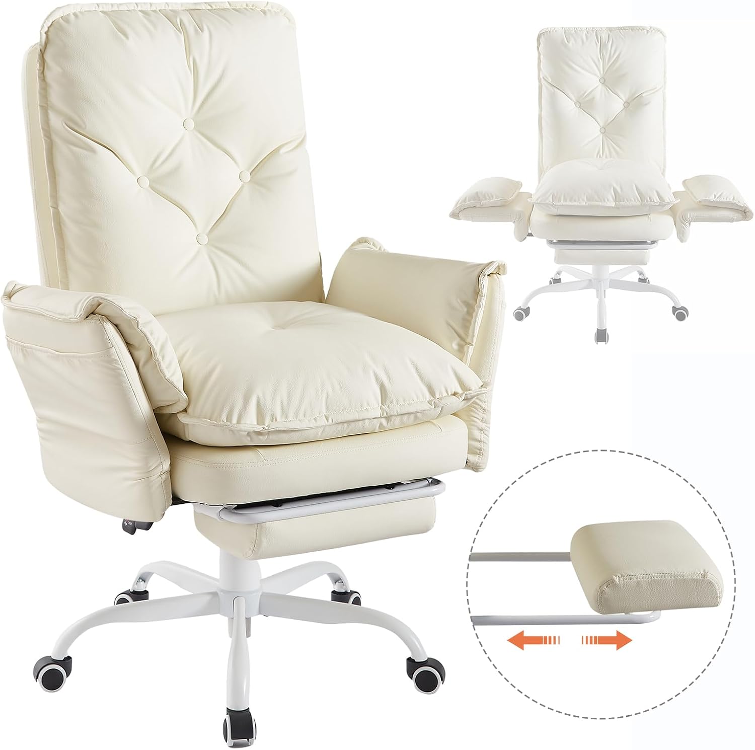 Bestier Cross Legged Office Chair with Footrest, High Back Criss Cross Chair with Reversible Armrests and Wheels, Big and Tall Reclining Office Chair for Home PU Leather Beige