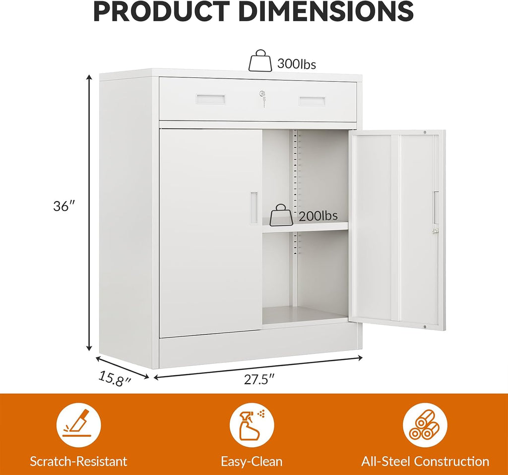 BESFUR Metal Garage Storage Cabinet with One Lockable Drawer 2 Locking Doors and an Adjustable Shelf, 36' White Metal Short Storage Cabinet for Home Office, Garage,School,Utility Room