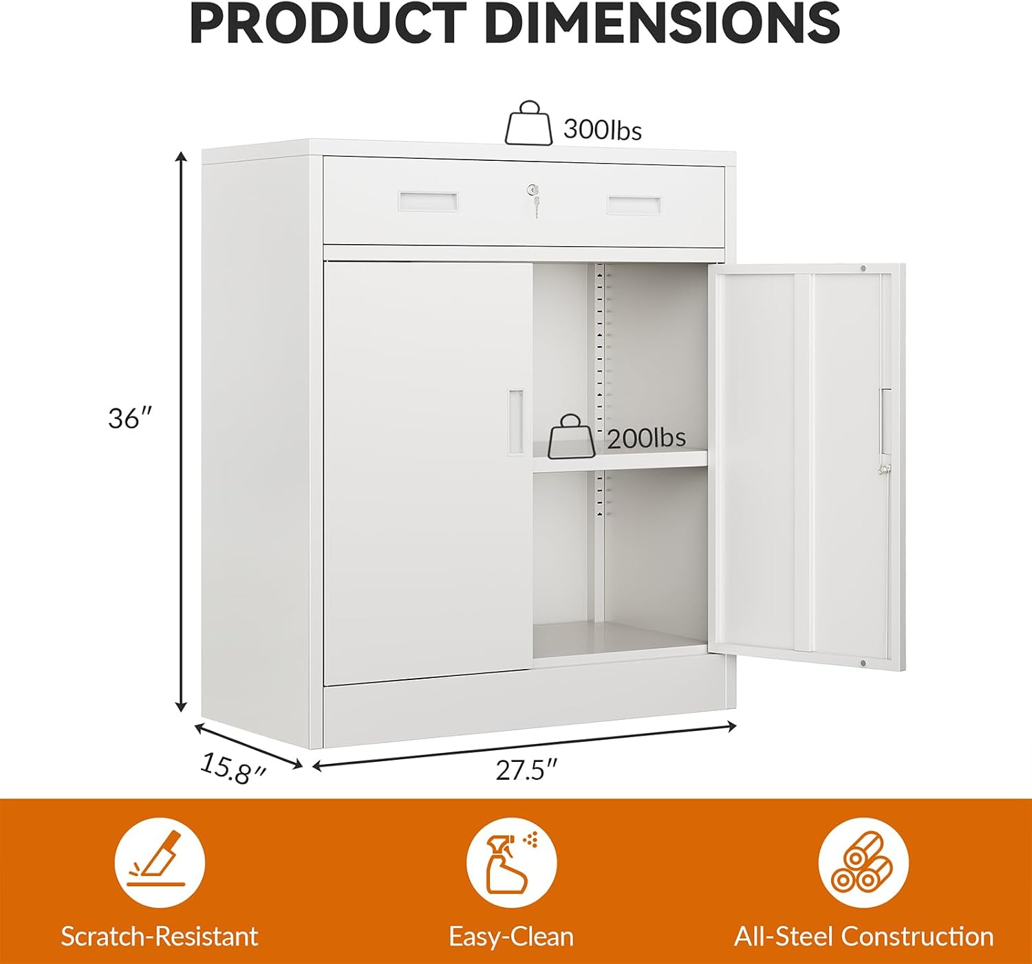 BESFUR Metal Garage Storage Cabinet with One Lockable Drawer 2 Locking Doors and an Adjustable Shelf, 36' White Metal Short Storage Cabinet for Home Office, Garage,School,Utility Room
