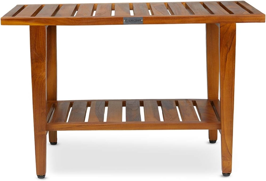TeakCraft Teak Shower Bench with Shelf 30 inch Wood Spa & Shower Stool - Fully Assembled, The Liv