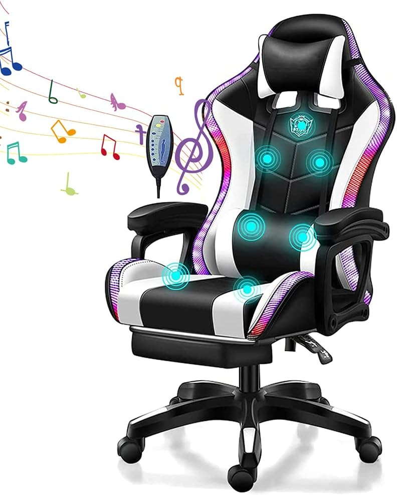 Video Gaming Chairs with LED Light, Ergonomic Pro Gaming Chair with Full Massage Lumbar Support and Bluetooth Speakers, Computer Chair with Retractible Footrest and Backrest Adjustable,White