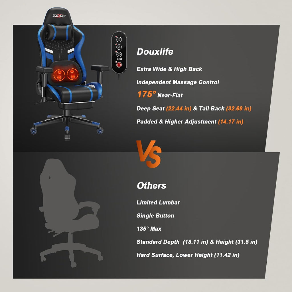 Douxlife 3D Kneading Massage Gaming Chair with Footrest, 400lbs Heavy Duty PC Computer Desk Chair for Adults, Adjustable 2D Armrests, Ergonomic 175° Recline & Optional Heat, Black&Blue