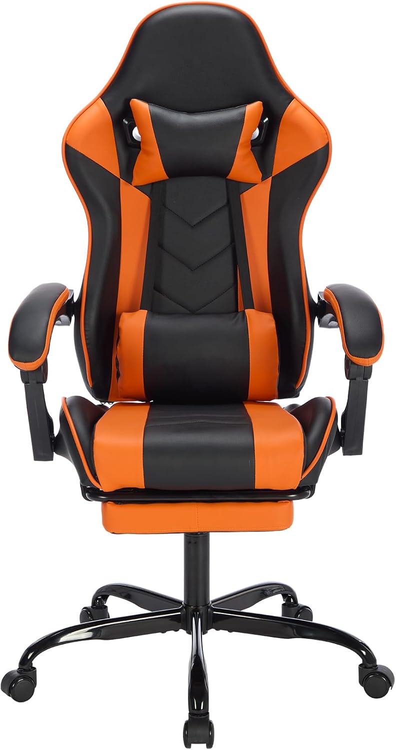 Gaming Chair with Footrest, Ergonomic Computer Chair with Headrest and Lumbar Support, Breathable Material Height Adjustable Swivel Video Game Chairs for Adults, 300lbs Max, Black & Orange
