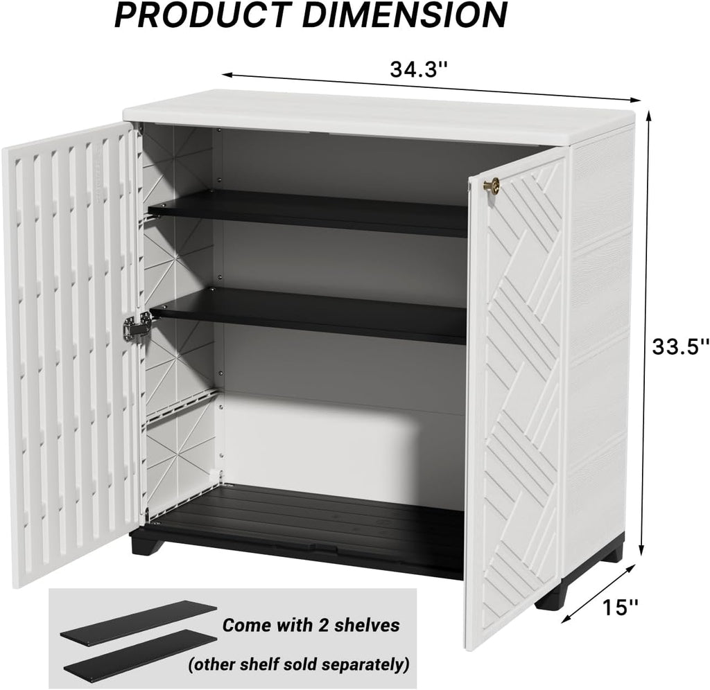 KINYING Outdoor Storage Cabinet Waterproof with 2 Shelves, 60 Gallon Resin Storage Shed for Patio/Garden/Backyard, Outdoor Storage Box for Cushions,Garden Tools and Pool Supplies,White