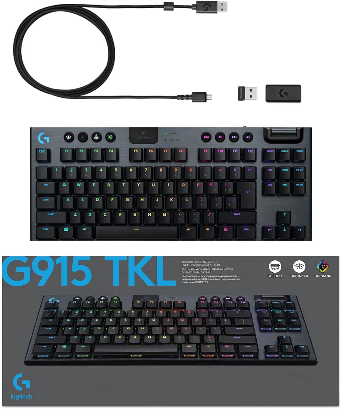 Logitech G915 TKL Tenkeyless Lightspeed Wireless RGB Mechanical Gaming Keyboard, Low Profile Switch Options, Lightsync RGB, Advanced Wireless and Bluetooth Support - Tactile,Black