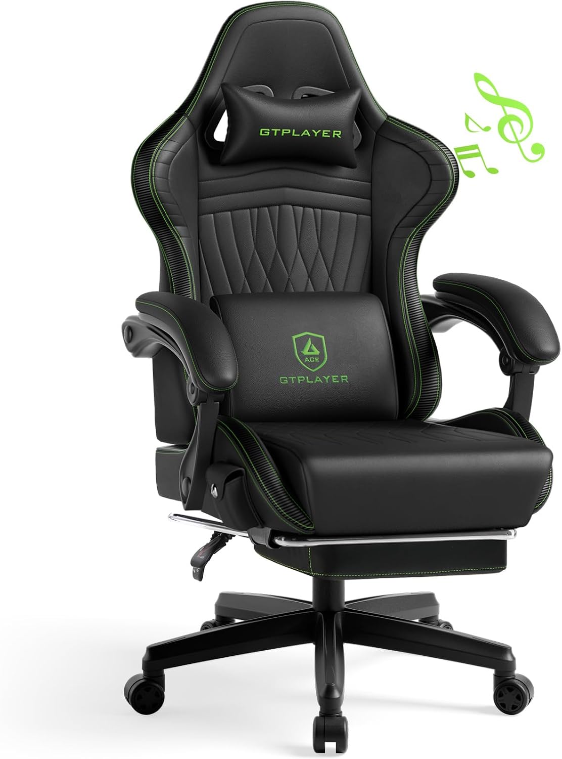 GTPLAYER Gaming Chair for Adults, Ergonomic Video Game Chairs, Footrest & Linkage Armrest, Reclining High Back Silla Gamer with Speakers for Home Office, Ace Pro, Black & Green