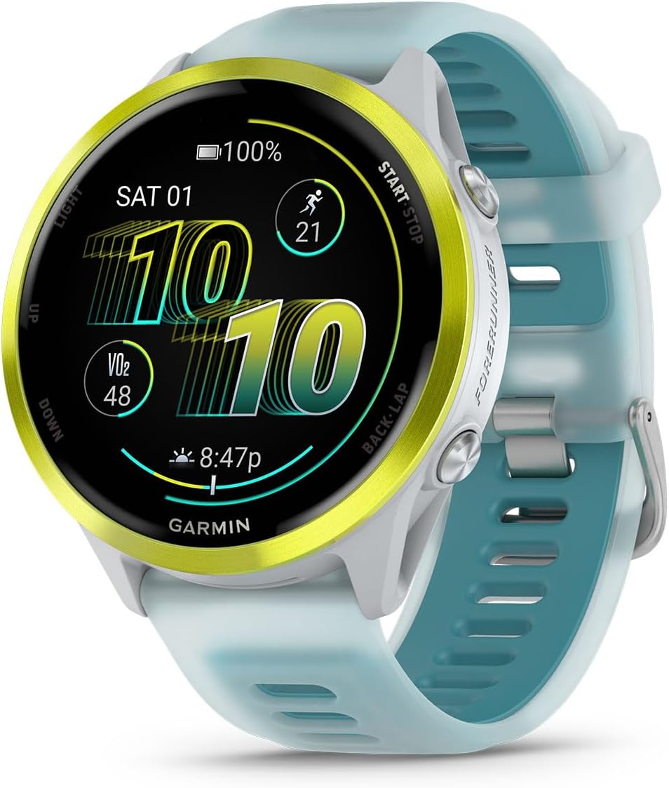 PlayBetter Garmin Forerunner 570 (47mm, Amp Yellow/Translucent Turquoise) Advanced GPS Running and Triathlon Smartwatch Bundle HD Screen Protectors & Wireless Earbuds
