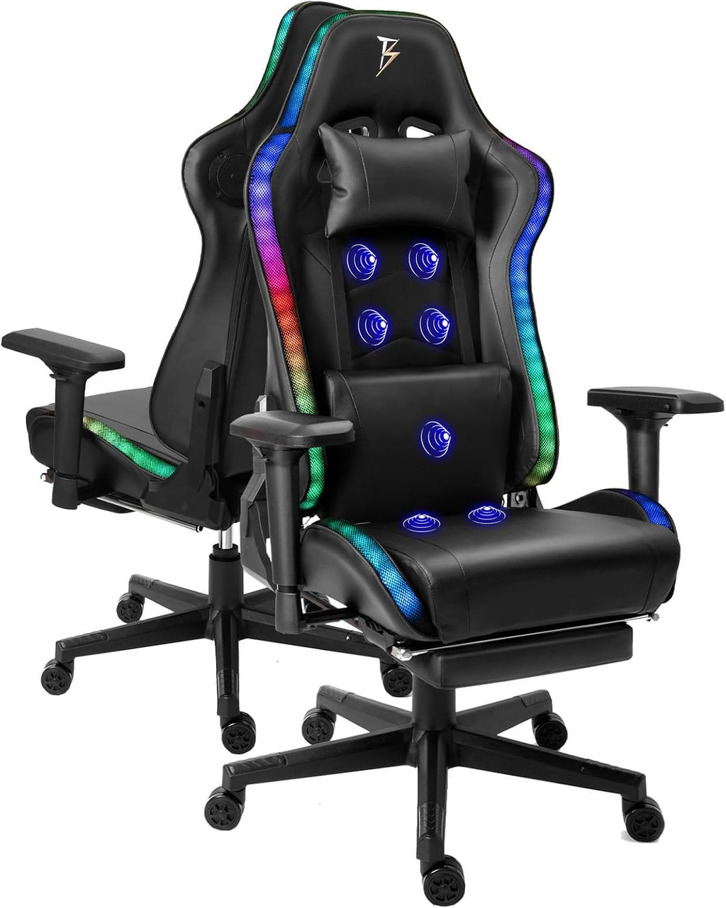Gaming Chair with Footrest and Massage Lumbar Support,Adult Video Gaming Chair with Speakers and LED/RGB Lights, Ergonomic Computer Chair,180 Degree Tilt High Back Office Chair.,Black