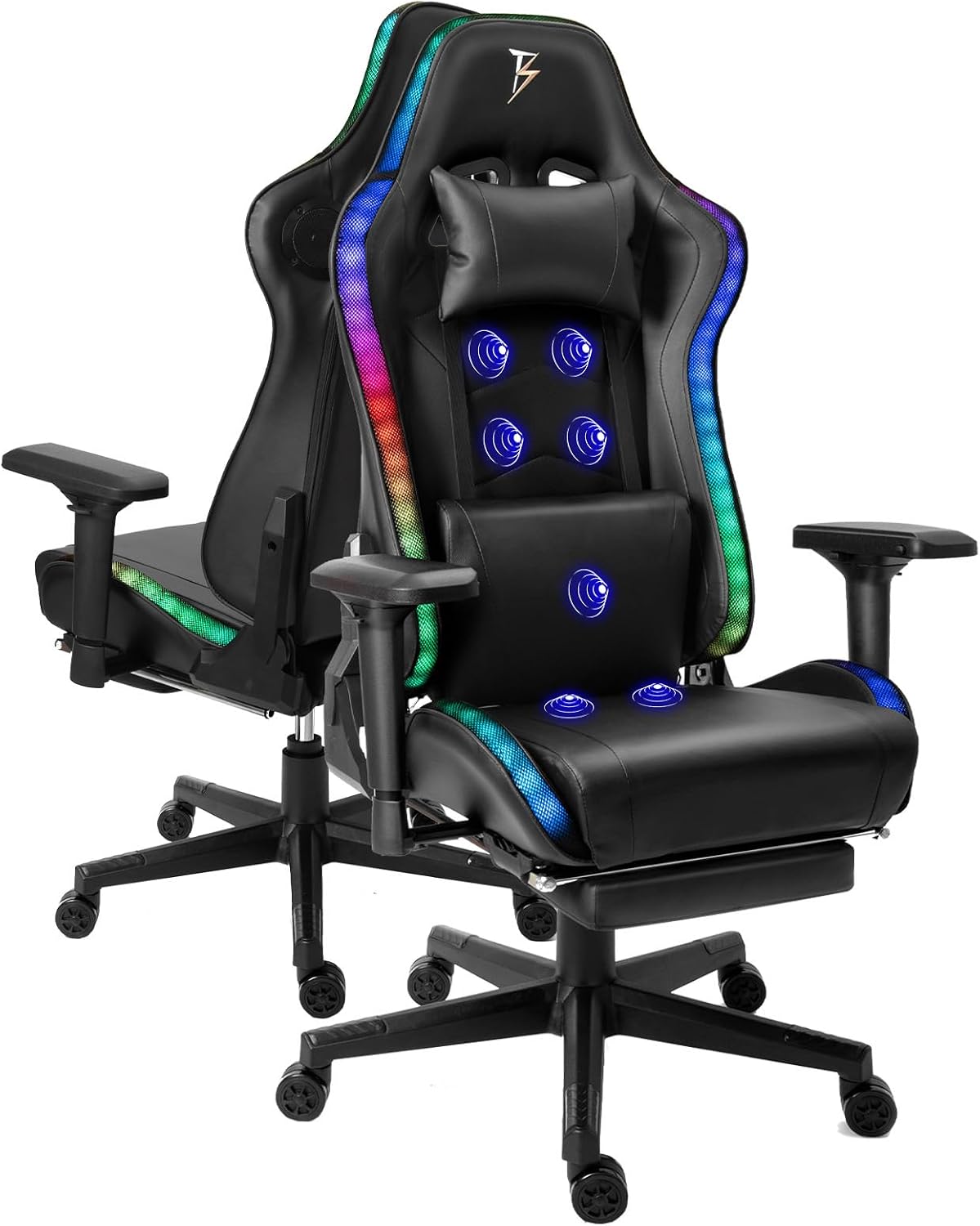 Gaming Chair with Footrest and Massage Lumbar Support,Adult Video Gaming Chair with Speakers and LED/RGB Lights, Ergonomic Computer Chair,180 Degree Tilt High Back Office Chair.,Black