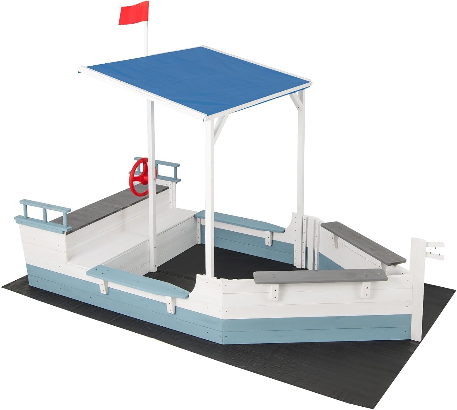 Costzon Pirate Ship Sandbox with Canopy, Fir Wood Boat Sand Box w/Flag, Rudder, Bench Seats and Storage Compartments for Backyard Beach, Outdoor Sand Pit for Kids 3-8 Years Old