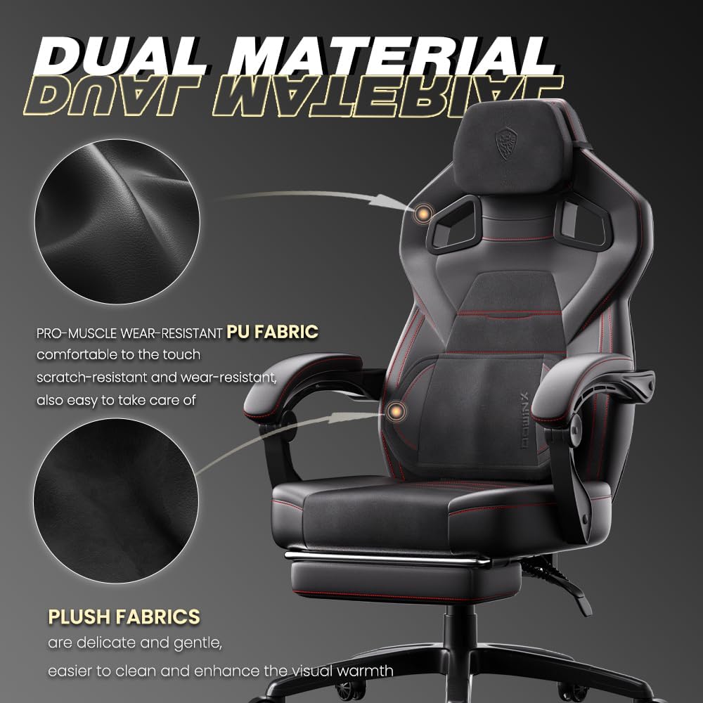 Dowinx PU Leather Gaming Chair with Footrest, 350lb Big and Tall Gamer Chair, Wide Seat Ergonomic Computer Chair with Lumbar Massage Support, Wide Back Office Chair for Heavy People, Deep Black