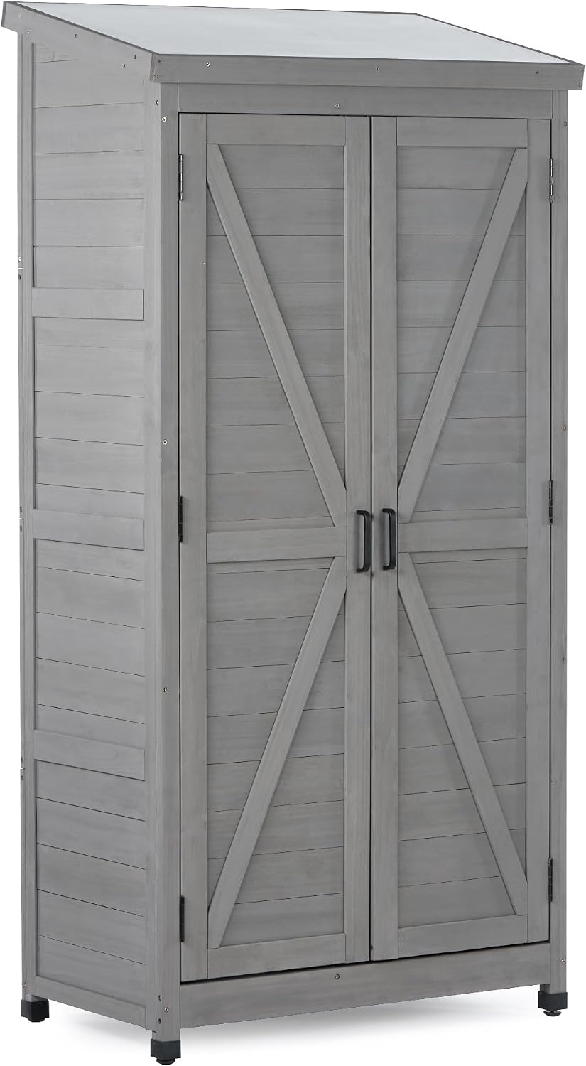 Outdoor Storage Cabinet, 68' H Wood Tall Shed with Metal Top, Wooden Storage Shed with Large Storage Space for Patio, Garden, Backyard, Lawn, Grey