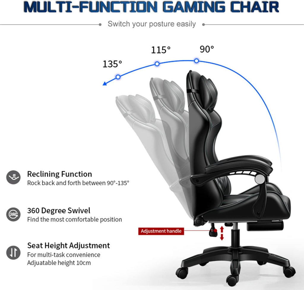XOOFMASS RGB Gaming Chair with Massage and Footrest Large Ergonomic Computer Desk Chair Video Gaming Chair with Speakers and LED Light Effect, 90°-135° Adjustable Reclining Gamer Chair,Red