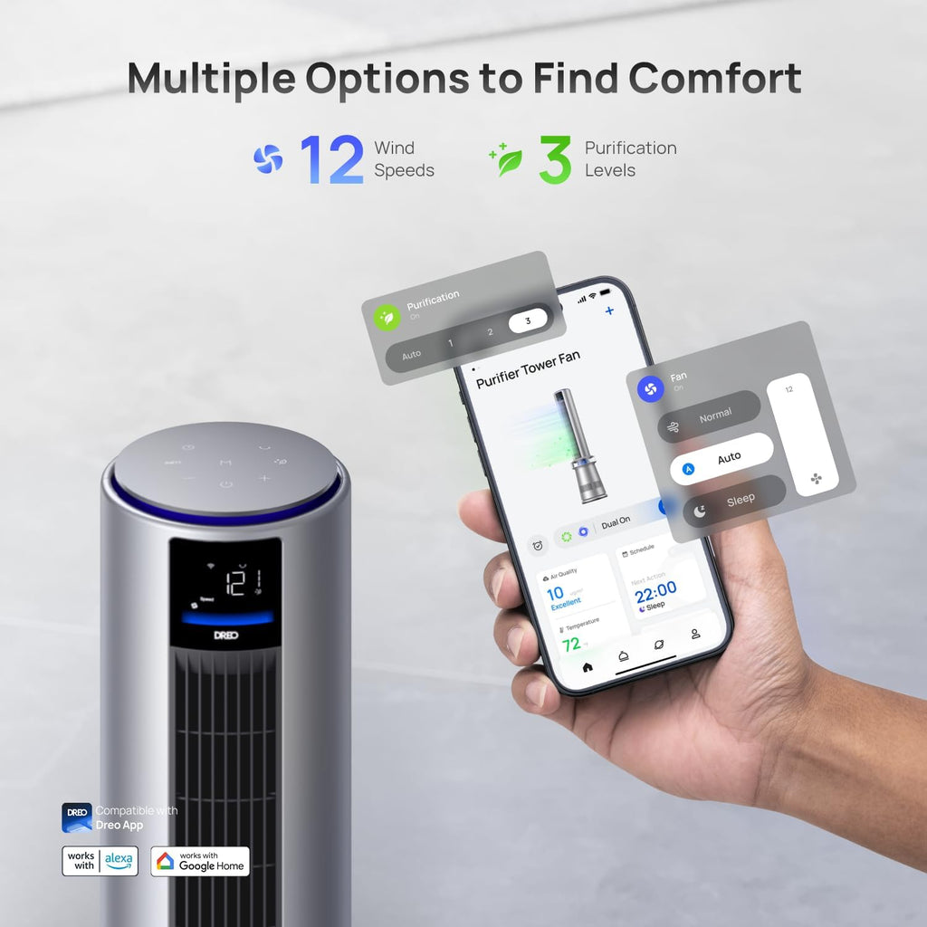 Dreo MC710S Air Purifier Tower Fan, 45' 2-in-1 Smart Fan for Bedroom, 27ft/s Velocity, 120°Oscillation, 24H Timer Bladeless Fans for Home, 25dB Low Noise, Standing Fan Works with Alexa, Silver Blue