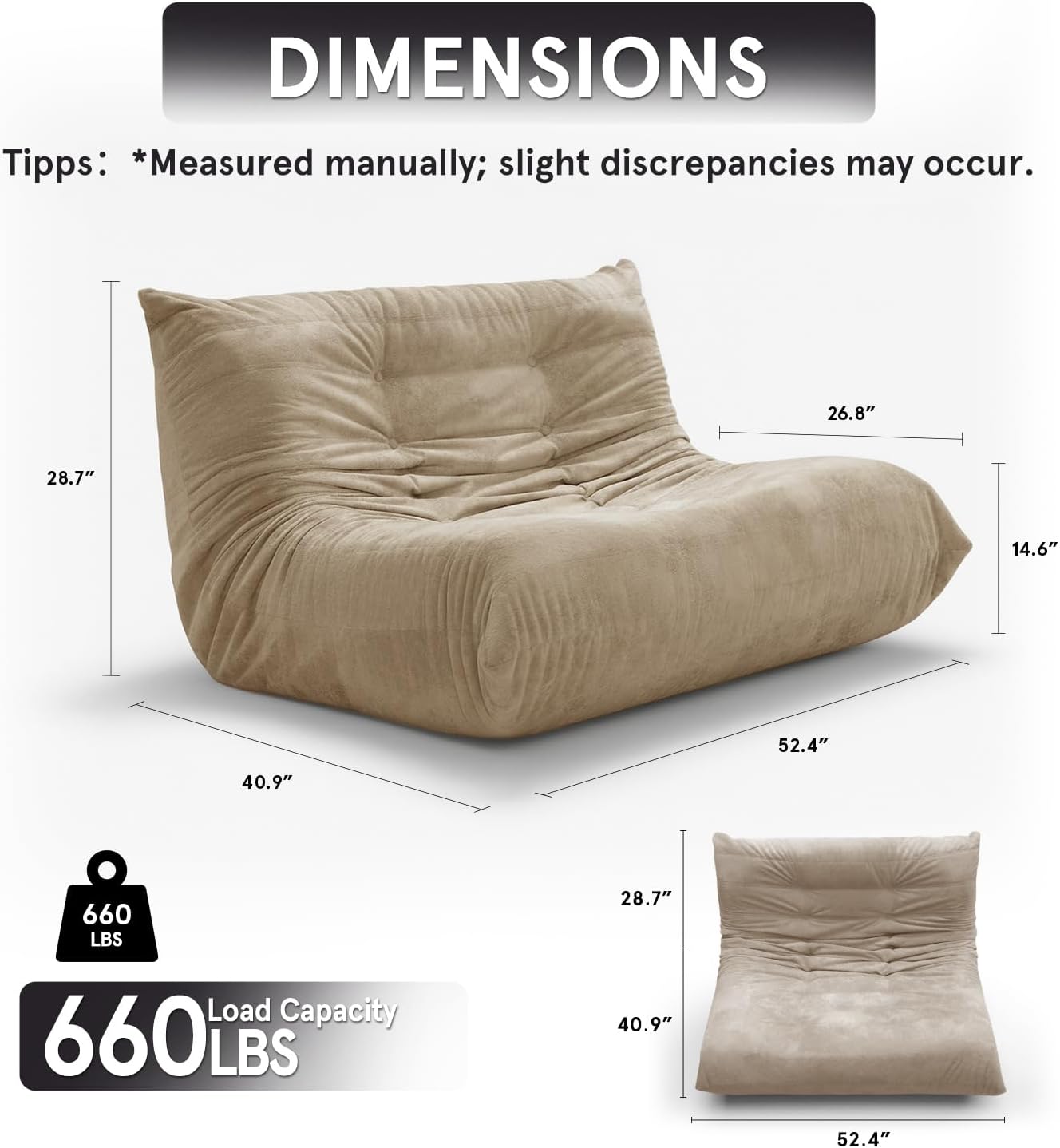 Sytopia Loveseat Bean Bag Chair, Oversized Reading Chair for Adults Ultra-Comfy, Corner Floor Sofa 40D Foam, Togo Sofa Furniture for Living Room Bedroom Gaming, Cashmere Beige
