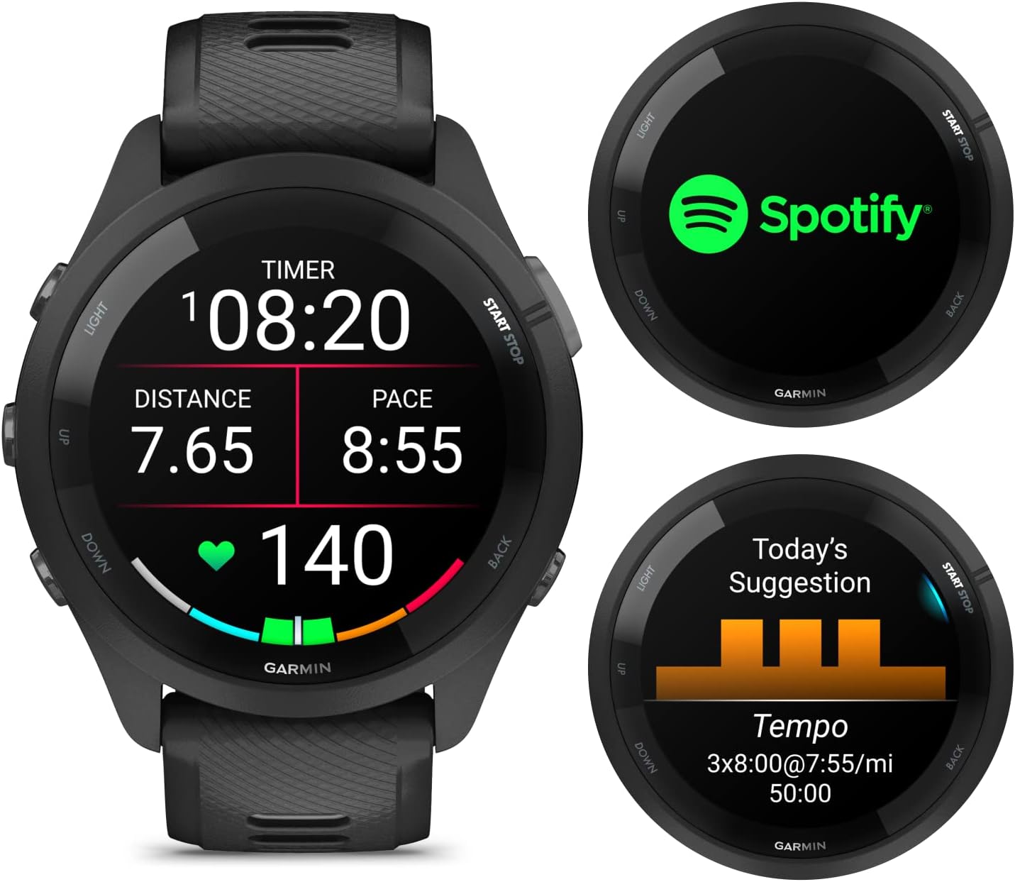 Garmin Forerunner 265 Music GPS Running 46 mm Smartwatch, Black with AMOLED 1.3 in Touchscreen Display Black Earbuds Bundle, Black +Blk EarBuds
