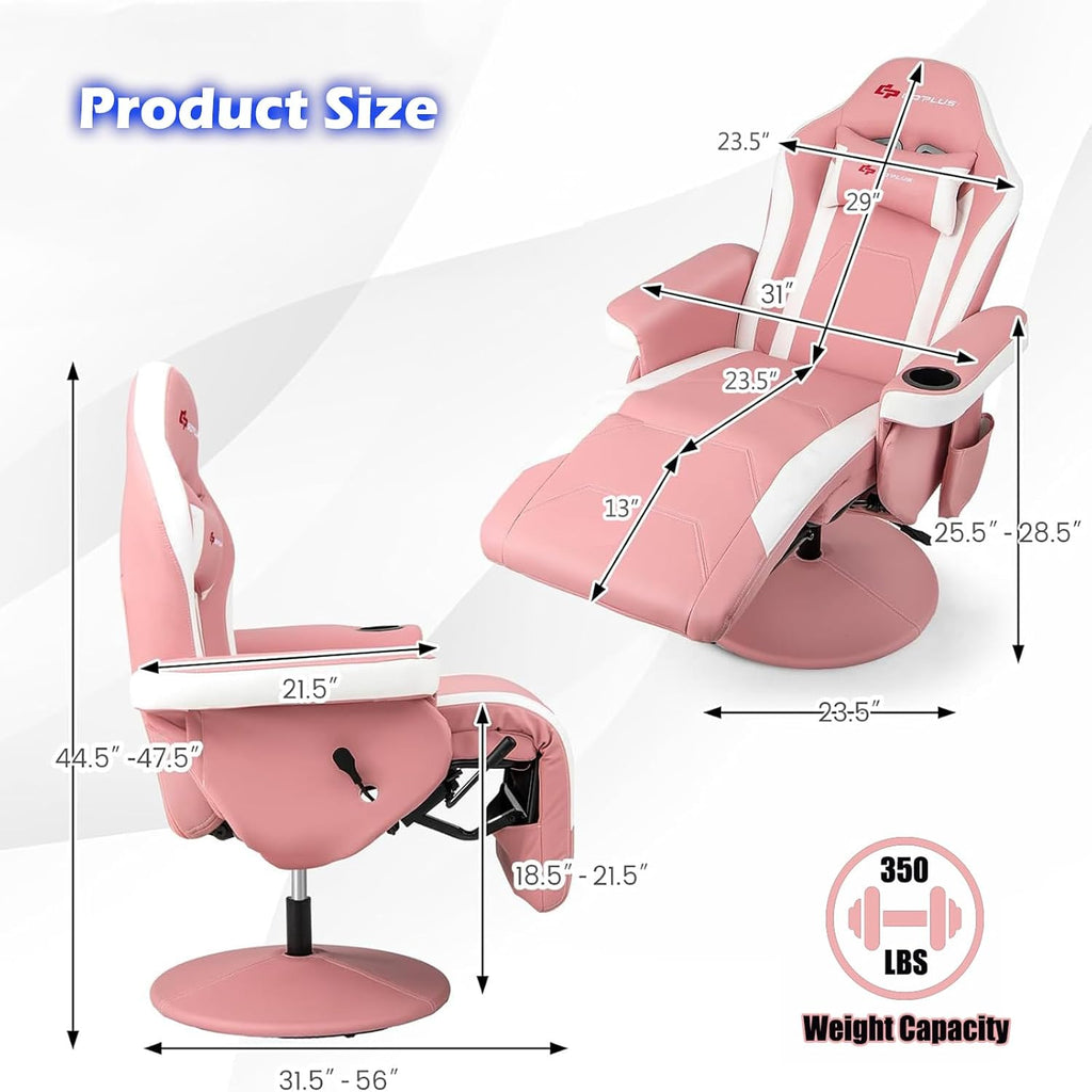 POWERSTONE Gaming Recliner, Adjustable Massage Gaming Chair with Cup Holder Footrest Ergonomic Single Sofa Living Room Home Theater Seating with Side Pouch (Pink)