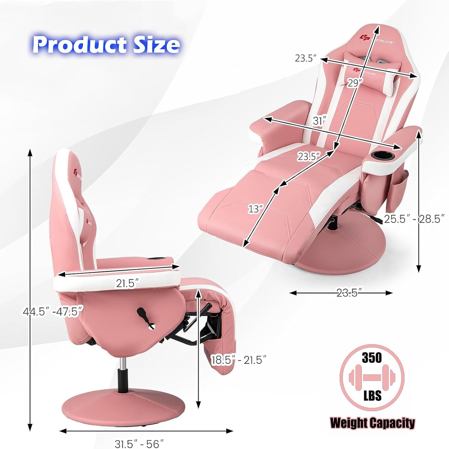 POWERSTONE Gaming Recliner, Adjustable Massage Gaming Chair with Cup Holder Footrest Ergonomic Single Sofa Living Room Home Theater Seating with Side Pouch (Pink)