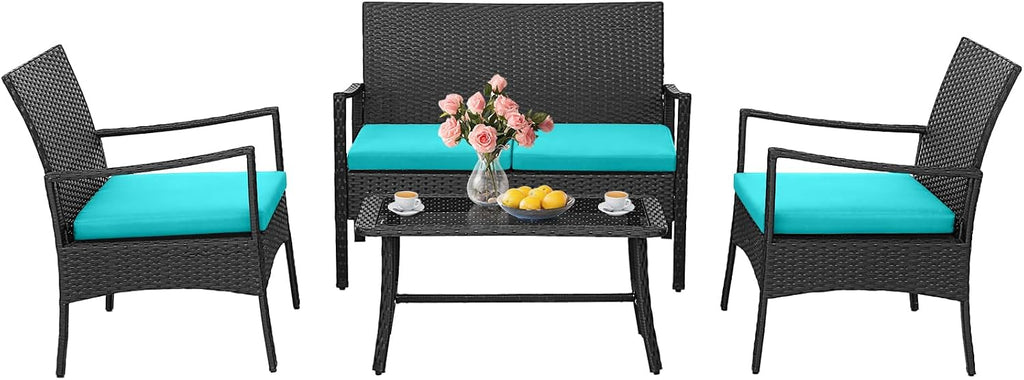 HAPPYGRILL 4 Pieces Patio Wicker Furniture Set PE Wicker Conversation Set, Rattan Sofa Chair with Cushions Tempered Glass Coffee Table, Outdoor Sectional Bistro Set for Poolside Backyard Lawn Garden
