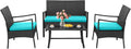 HAPPYGRILL 4 Pieces Patio Wicker Furniture Set PE Wicker Conversation Set, Rattan Sofa Chair with Cushions Tempered Glass Coffee Table, Outdoor Sectional Bistro Set for Poolside Backyard Lawn Garden