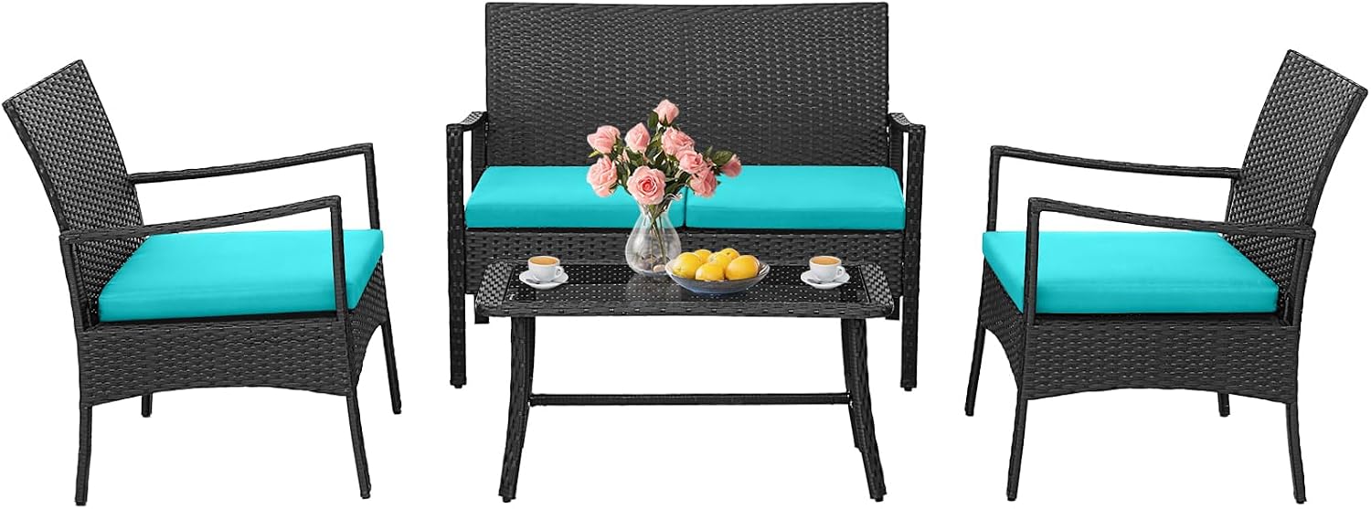 HAPPYGRILL 4 Pieces Patio Wicker Furniture Set PE Wicker Conversation Set, Rattan Sofa Chair with Cushions Tempered Glass Coffee Table, Outdoor Sectional Bistro Set for Poolside Backyard Lawn Garden
