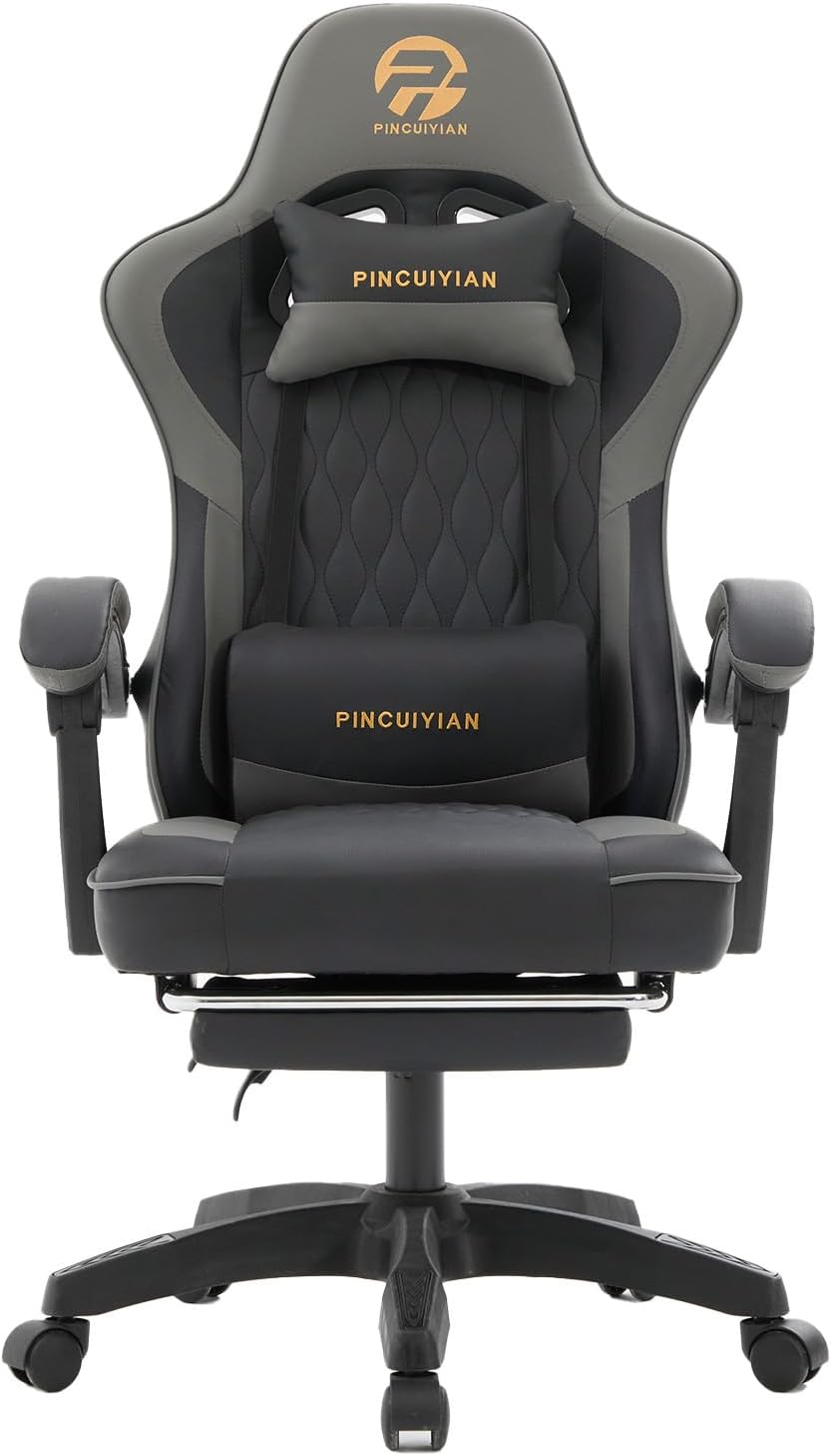 Ergonomic Gaming Chair with Footrest and Lumbar Support, High Back Reclining PU Leather Computer Chair with Headrest and Linkage Armrests, Swivel Height Adjustable Office Gamer Chair for Adults (Gray)