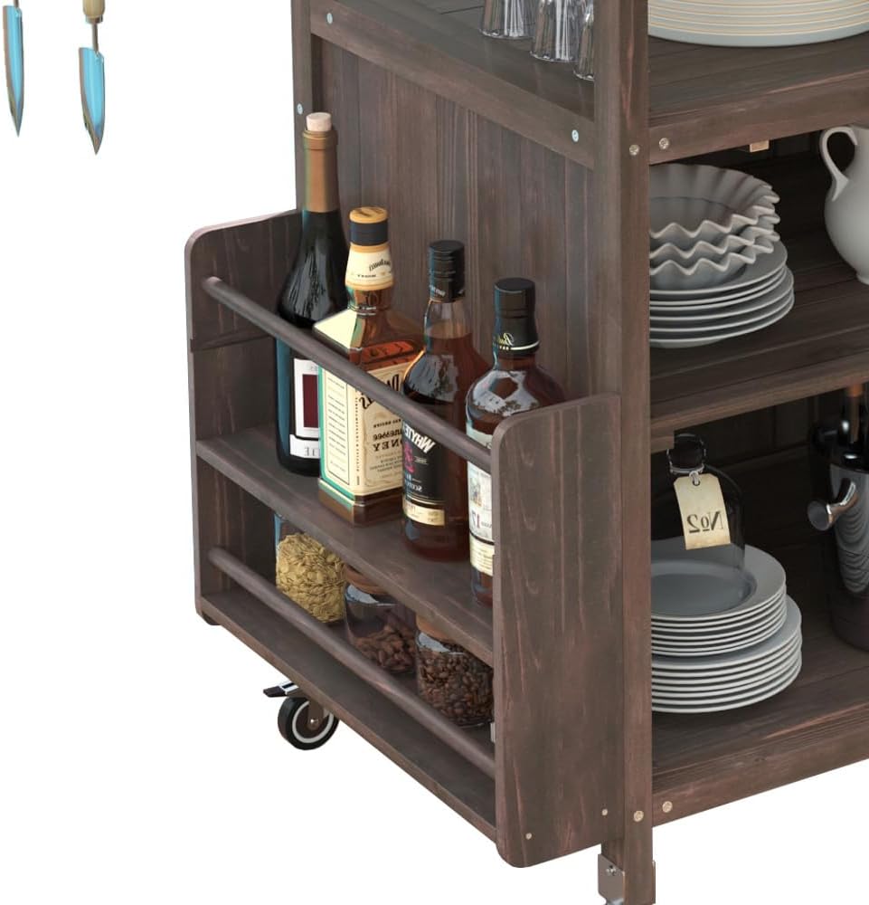 40.5' Outdoor Grill Cart with Stainless Steel Top, Solid Wood Outdoor Storage Cabinet with Drop Leaf, One Drawer, Towel Rack, Rolling Kitchen Cart with Lockable Wheels for Lawn Garden, Brown