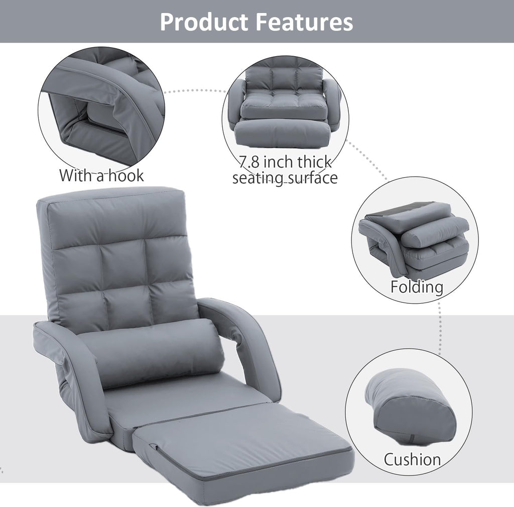 Floor Chair, Floor Gaming Chair with 14 Adjustable Position&Back Support, Folding Lounge Chair with Armrest for Adults, Lazy Sofa Lounger with Comfy Cushion for Living Room,Bedroom,PU,Grey