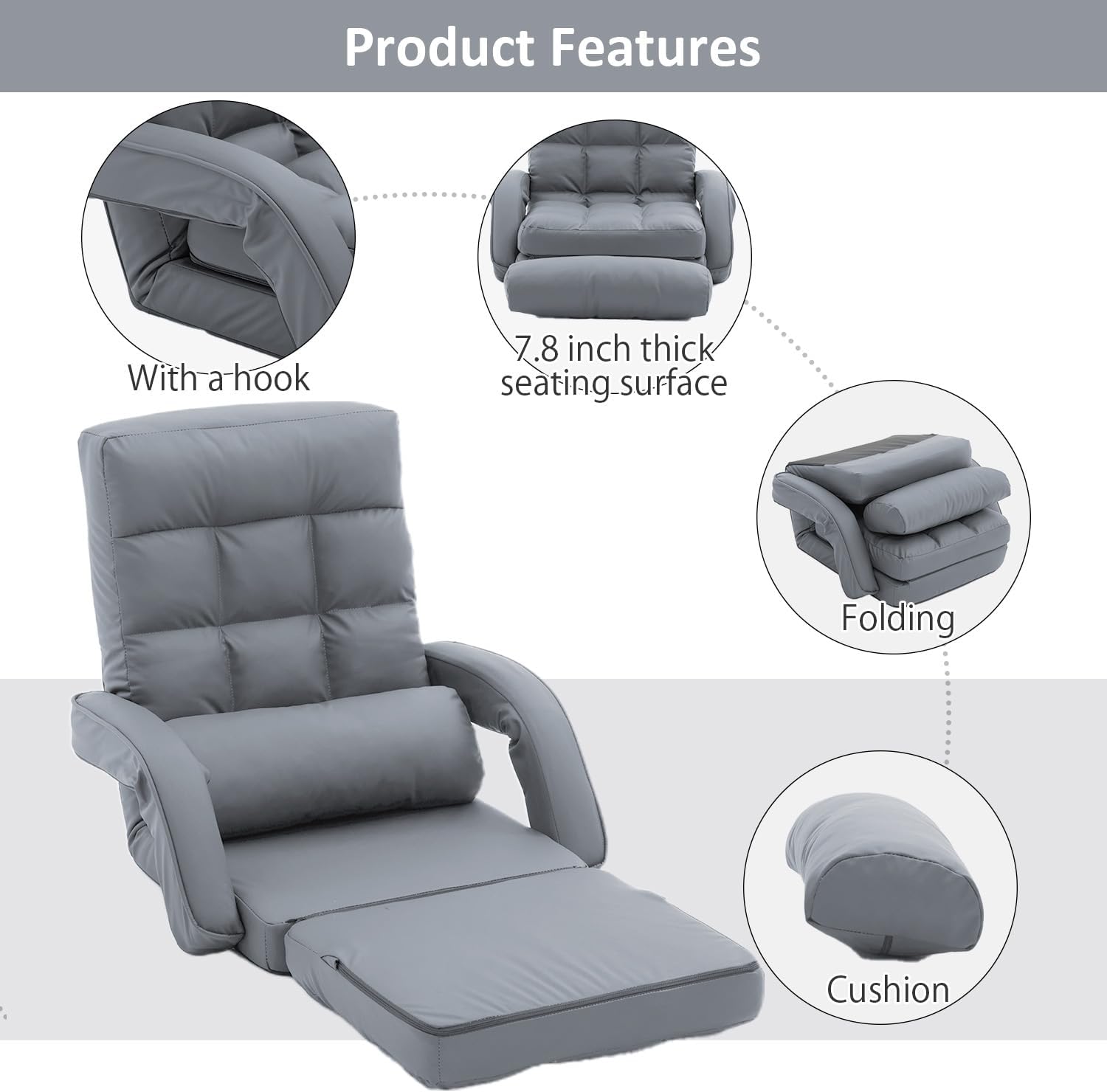 Floor Chair, Floor Gaming Chair with 14 Adjustable Position&Back Support, Folding Lounge Chair with Armrest for Adults, Lazy Sofa Lounger with Comfy Cushion for Living Room,Bedroom,PU,Grey