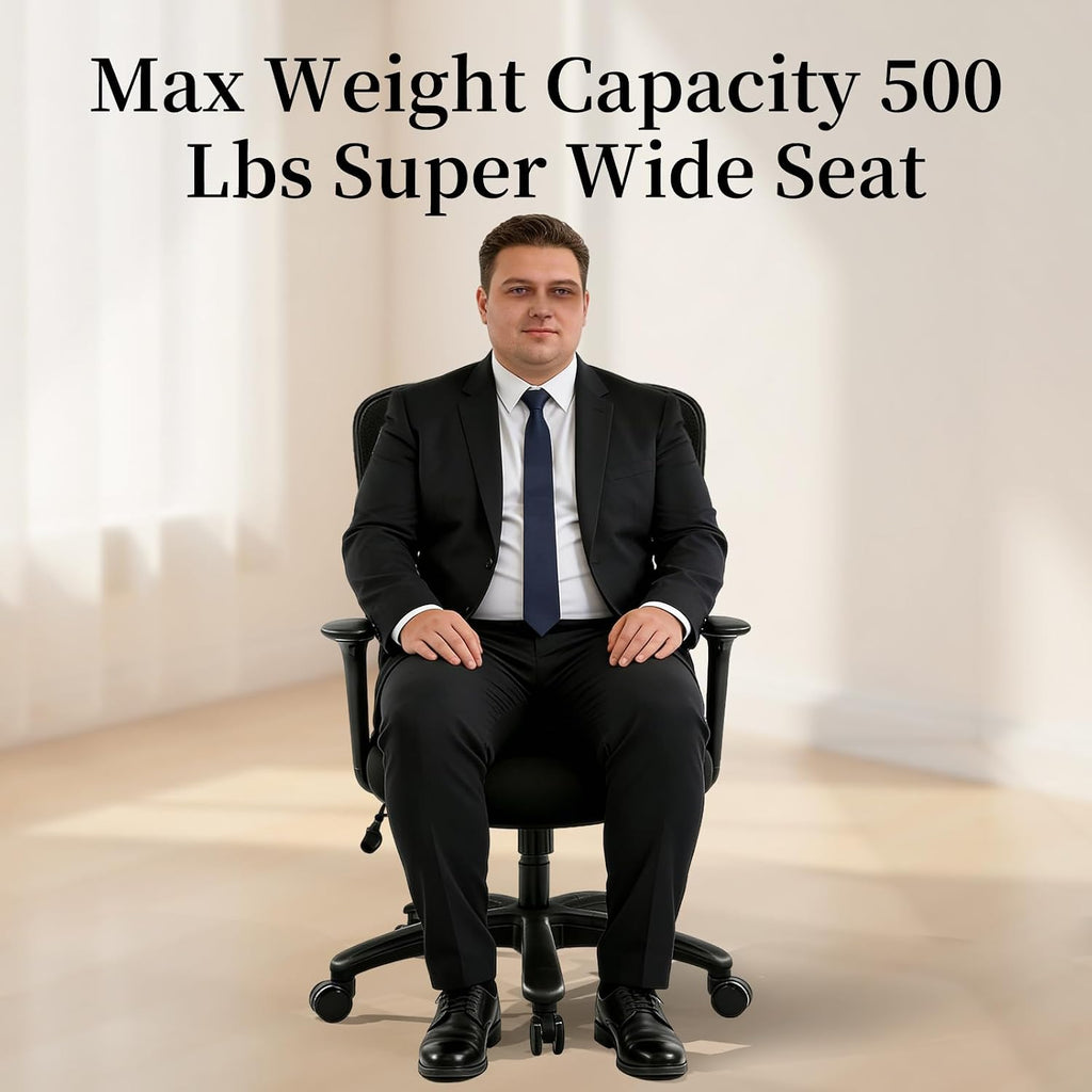 YFO Big and Tall Office Chair 500LBS - Computer Desk Chair with Adjustable Lumbar Support, Heavy Duty Ergonomic Mesh with 360 Rotation 4D Arm and Extra Wide Comfty Seat, Quiet Wheels for Adults, Black