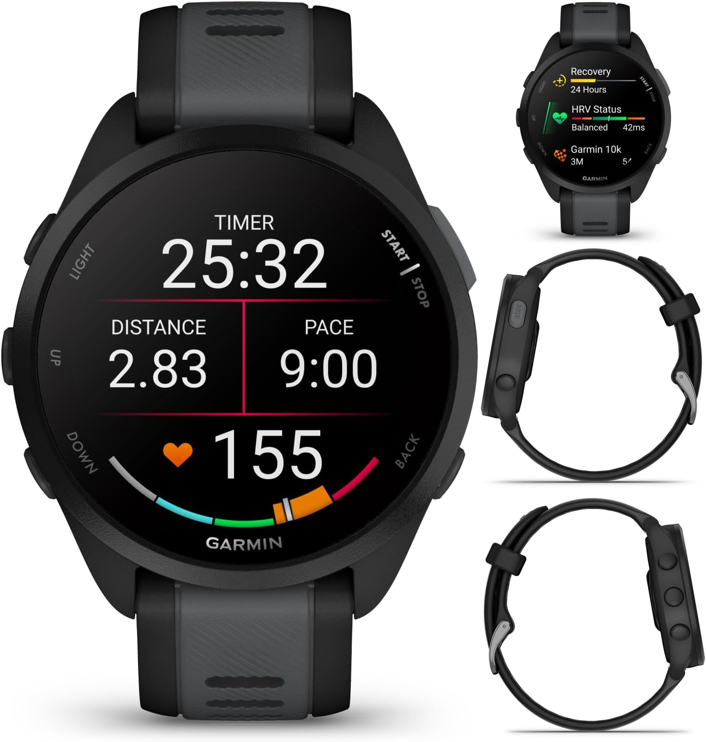 Garmin Forerunner 165 Music Running Smartwatch, Colorful AMOLED Touchscreen, Training Metrics and Recovery Insights Includes PowerPack and Adapters Bundle, Black/Slate Gray