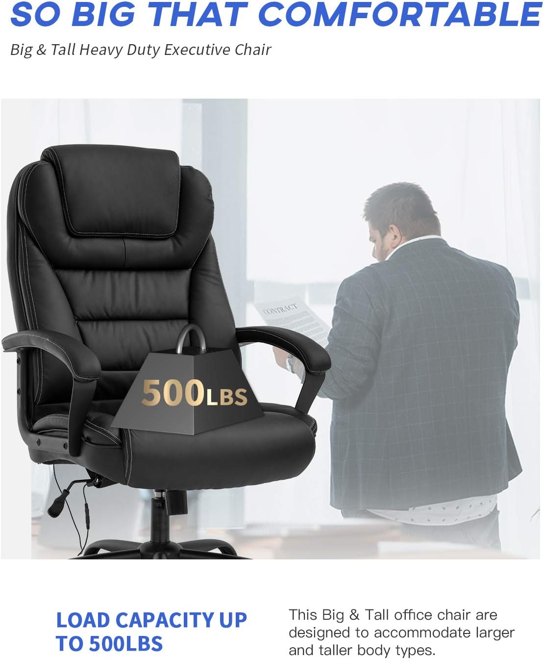 Big and Tall 500lbs Wide Seat Ergonomic Desk Chair with Lumbar Support Arms Headrest Massage Office Chair Rolling Swivel PU Leather Task Computer Chair for Adults,Black