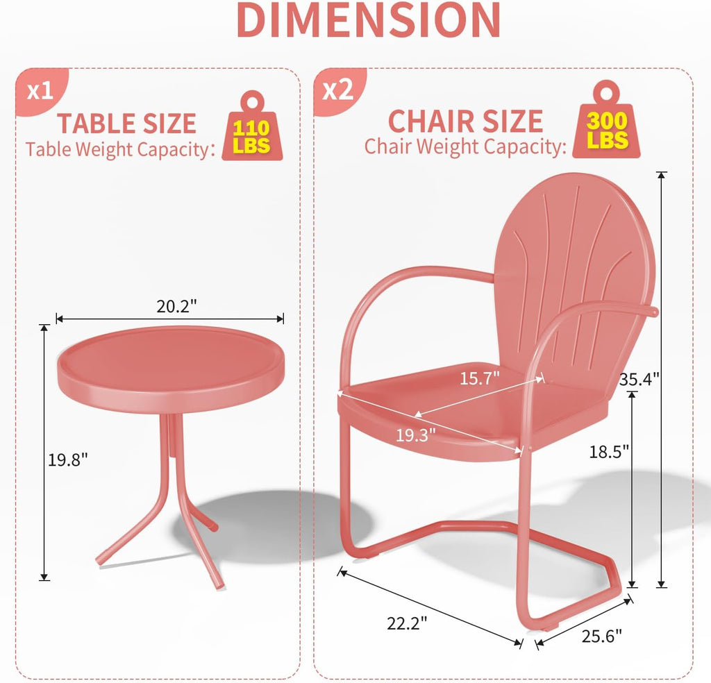 Patio Bistro Set Retro Metal Outdoor Seating Conversation 3 Pieces, 2 C-Spring Motion Armchairs and Round Side Table, for Porch, Lawn, Garden (Pink)