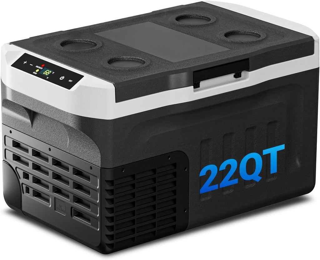 12 Volt Refrigerator, 22QT(21L) Compressor Electric Cooler, Car Fridge -4℉~68℉, Portable Refrigerator 12V/24V DC 110-240V AC, Compact Freezer for Vehicle RV Camping Truck Boat Travel, Black