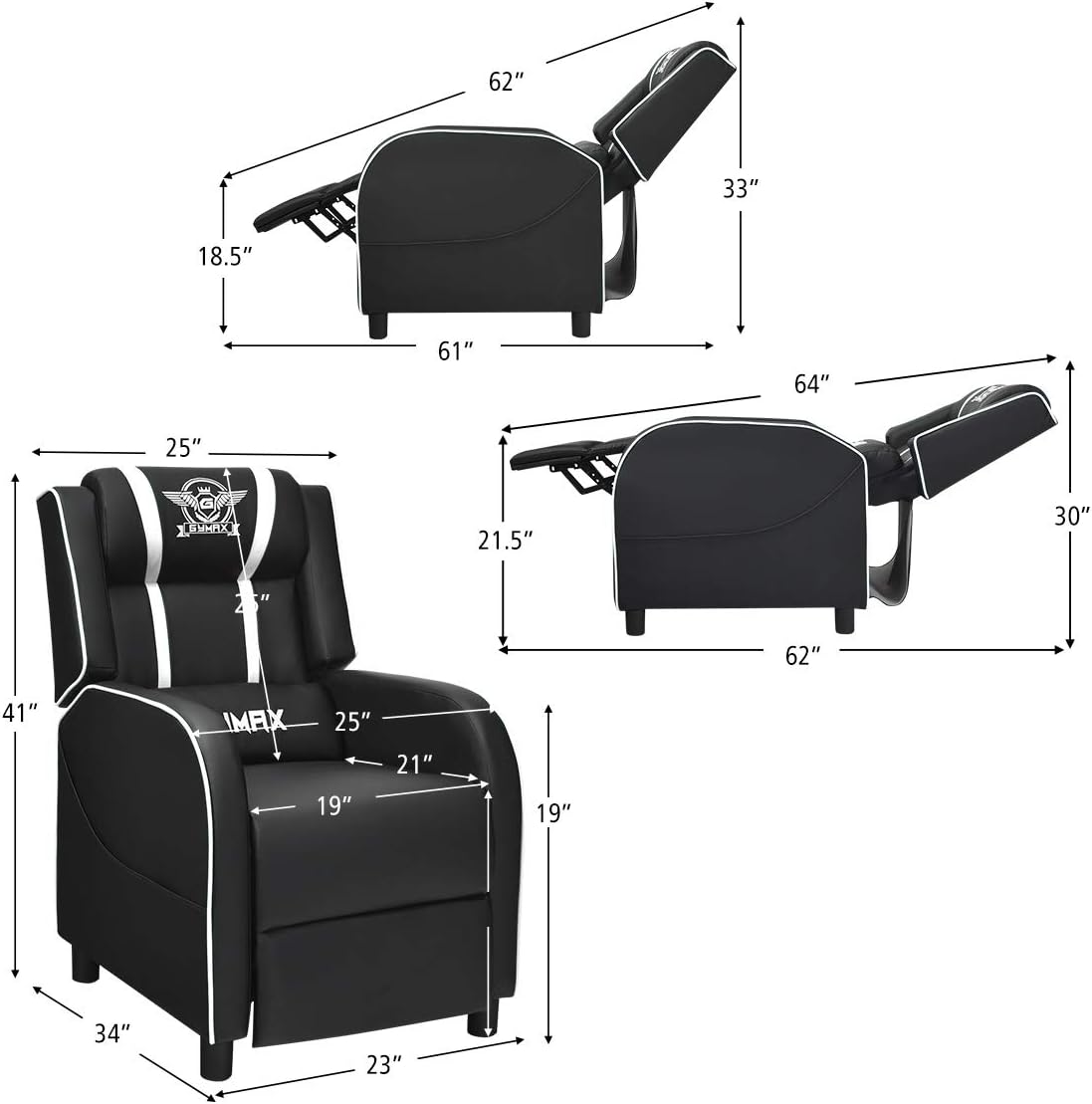 POWERSTONE Gaming Recliner Chair, Reclining Gaming Chairs for Adults Ergonomic Leather Sofa with Footrest Lumbar Support Headrest and Side Pouch for Living Room Home Theater, White