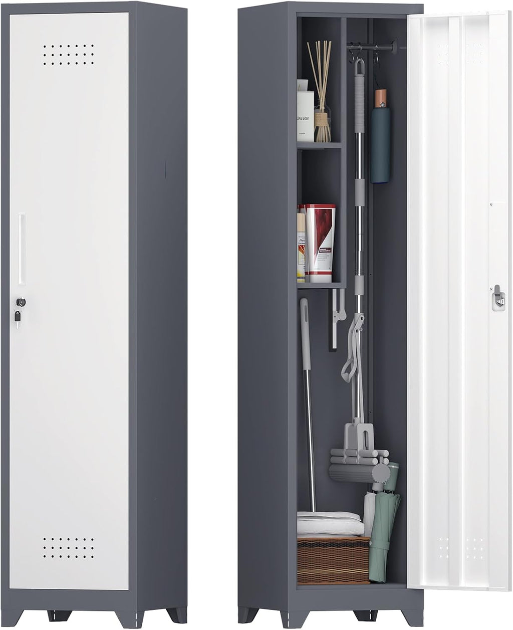 IRONFFICE Storage Cabinet,Slim Broom Closet Storage Cabinets with Lockable Doors,Narrow Utility Cabinets with Hanging Rod,Tall Broom Closet for Laundry,Home Office,Grey-White