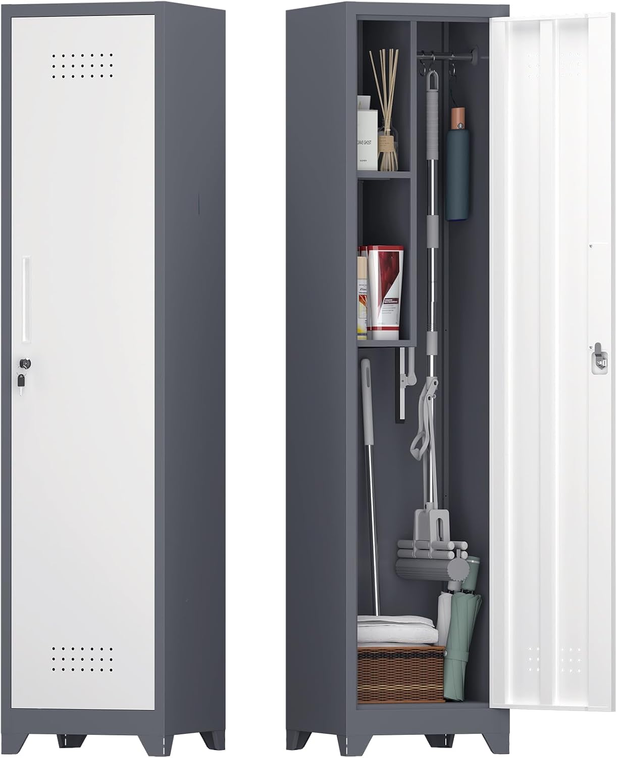IRONFFICE Storage Cabinet,Slim Broom Closet Storage Cabinets with Lockable Doors,Narrow Utility Cabinets with Hanging Rod,Tall Broom Closet for Laundry,Home Office,Grey-White