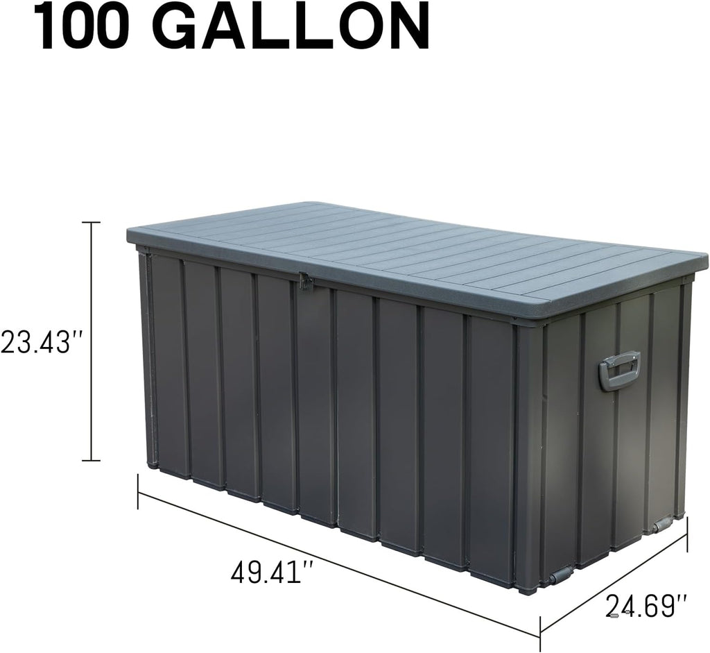 Deck Box 100 Gallon, Patio Storage Cabinet, Waterproof Outdoor Storage, Resin Lid Metal Patio Storage Bin with Lockable, Dark Gray