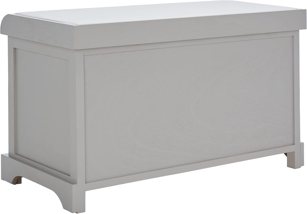SAFAVIEH Home Collection – Freddy Vintage Grey Storage Bench with Wicker Baskets & Cushion, Entryway Seating Bench, Fully Assembled (AMH5736F)