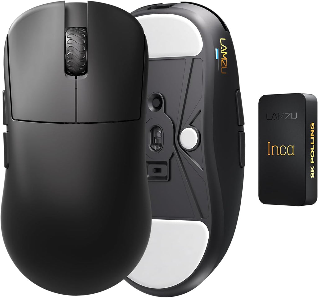 Lamzu Inca Gaming Mouse, 8K Polling Rate, Optical Switches, TTC Encoder, Paw3950 IC, Nordic 52840 MCU, Symmetrical High-Hump, Recommended for Claw-Grip Gamers, 8K Dongle Included (Black)