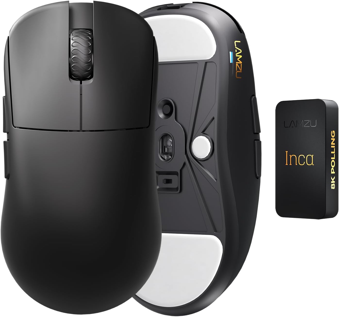 Lamzu Inca Gaming Mouse, 8K Polling Rate, Optical Switches, TTC Encoder, Paw3950 IC, Nordic 52840 MCU, Symmetrical High-Hump, Recommended for Claw-Grip Gamers, 8K Dongle Included (Black)
