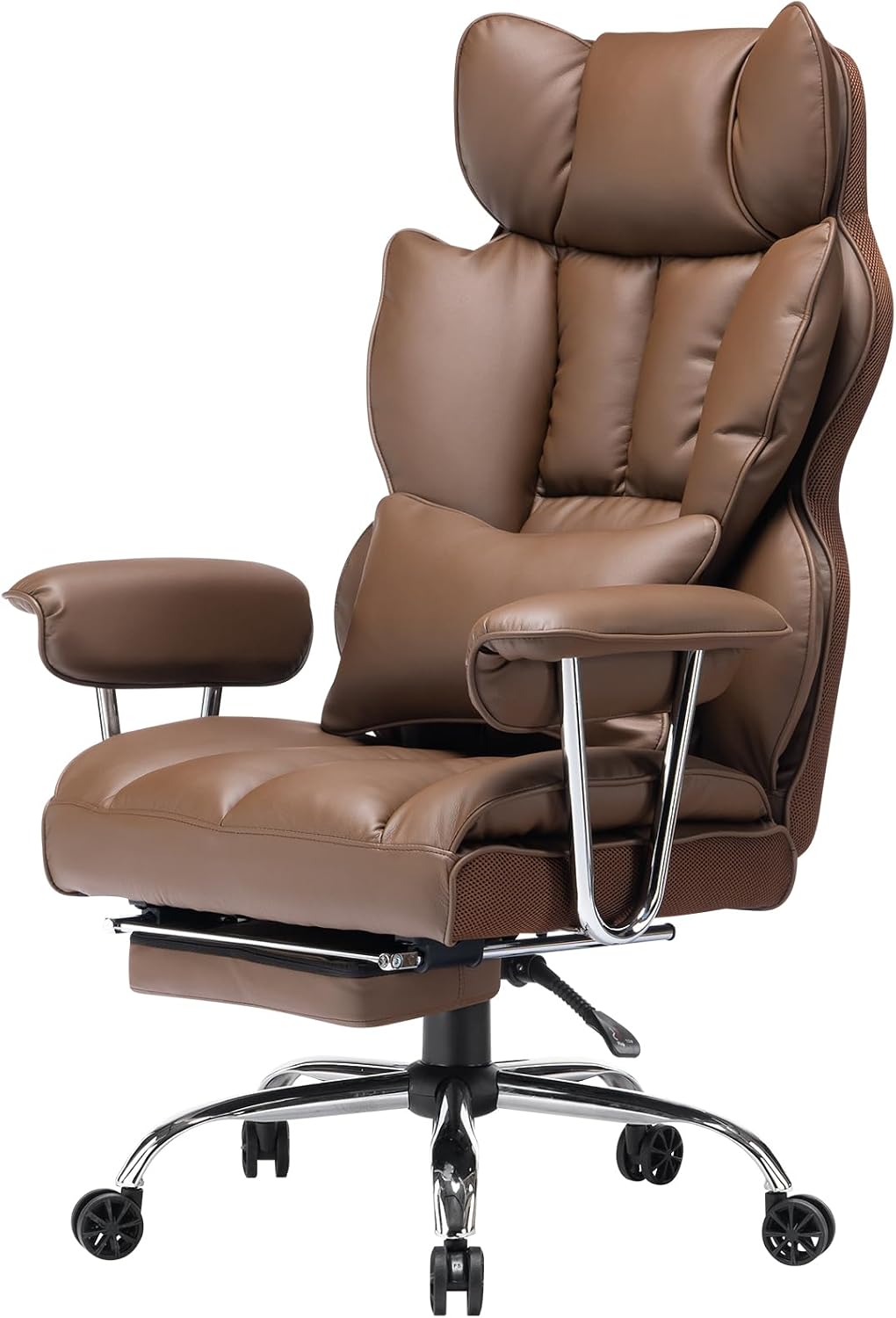 Efomao Big and Tall Office Chair 400lbs – High Back Executive Chair with Swivel Base, PU Leather Upholstery, Lumbar Pillow, Padded Armrests, and Rolling Wheels，Brown Computer Chair