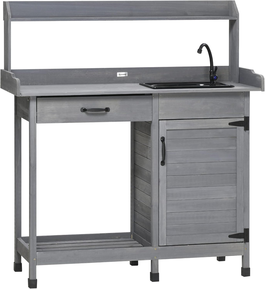 Outsunny Potting Bench Table with Removable Sink, Outdoor Work Bench Table with Storage Cabinet, Hooks, Faucet and Drawer for Greenhouse, Garden, Patio, Gray