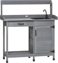Outsunny Potting Bench Table with Removable Sink, Outdoor Work Bench Table with Storage Cabinet, Hooks, Faucet and Drawer for Greenhouse, Garden, Patio, Gray