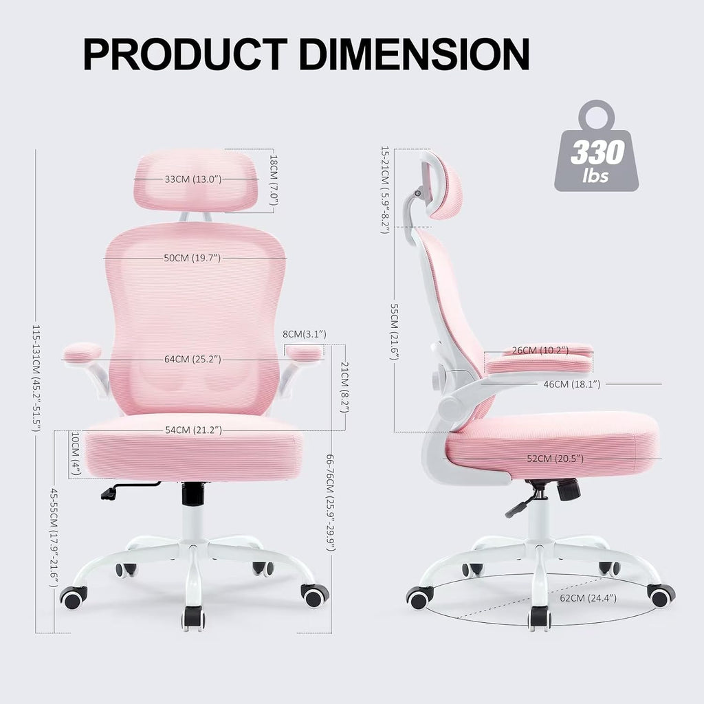 Ergonomic Office Chair,Ultra Thick Office Desk Chair with Adjustable Lumbar Support and Headrest,Spring Cushion,Rocking Function,Flip-up arms,Mesh Computer Chair for Home Office,Pink