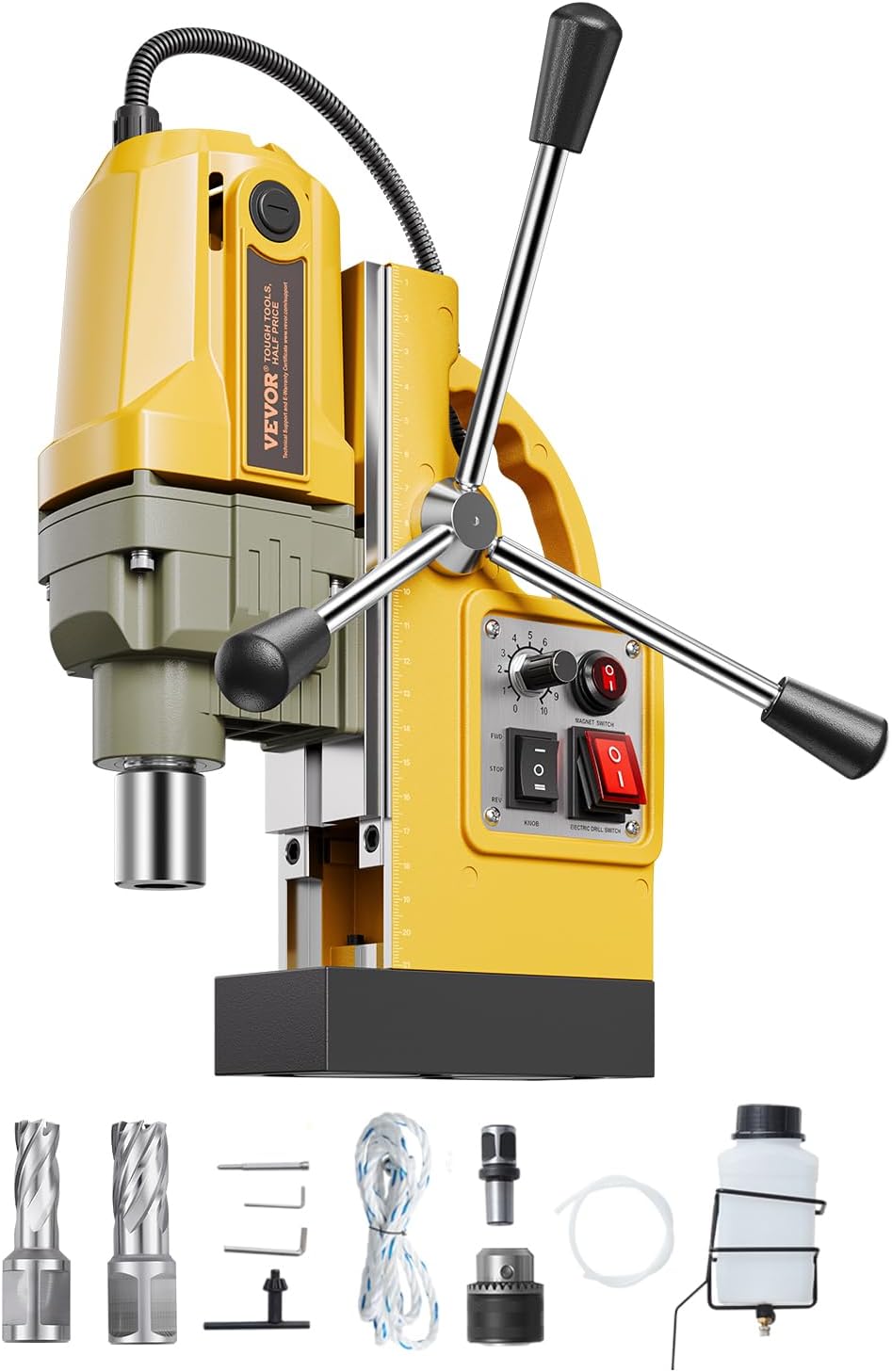 VEVOR Magnetic Drill, 1200W Motor 1.6 in Boring Diameter, 2810 lbf Electric Mag Drill Press, with 2 Coring Bits, Variable Speed, Drilling Machine for Metal Surface, Home Improvement Industry, Yellow